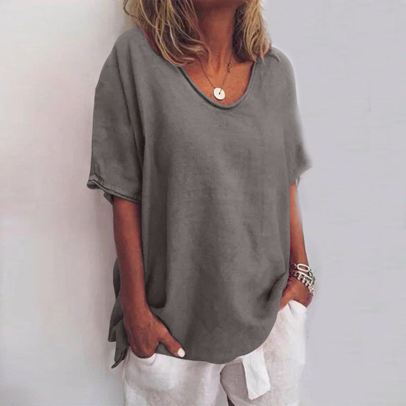 Monika Dunkelgrau Oversized U-Neck Bluse für Damen | Lockere Passform Sommerbluse | Alltag & Urlaub - S-3XL