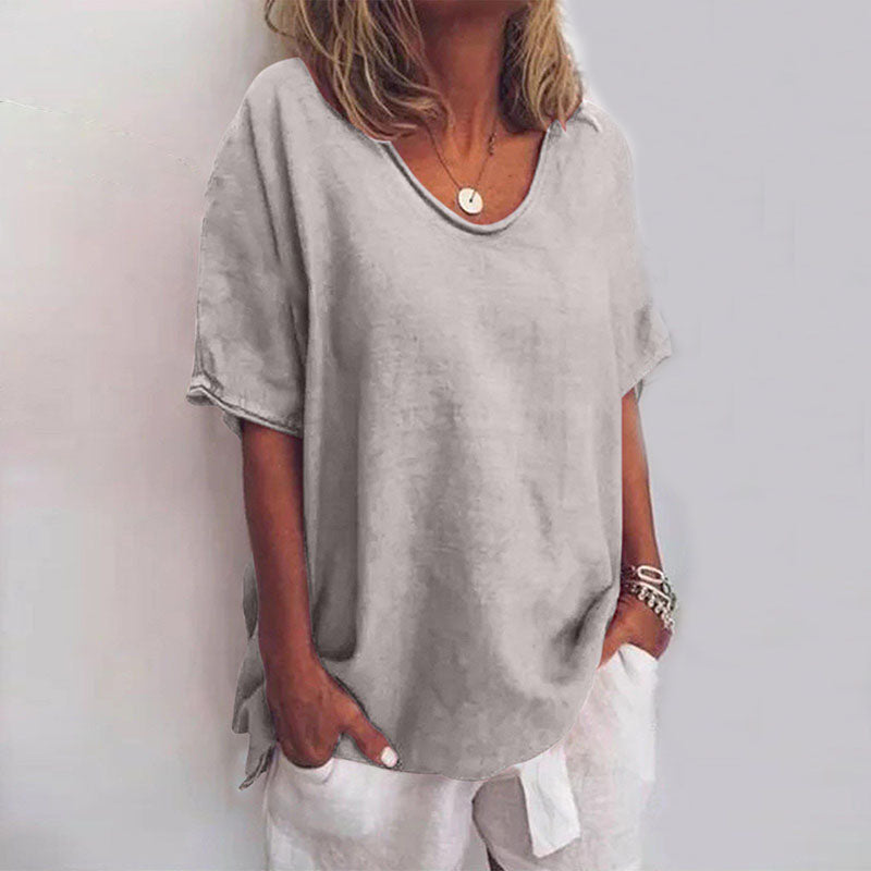Monika Dunkelgrau Oversized U-Neck Bluse für Damen | Lockere Passform Sommerbluse | Alltag & Urlaub - S-3XL