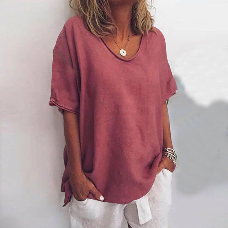 Monika Dunkelgrau Oversized U-Neck Bluse für Damen | Lockere Passform Sommerbluse | Alltag & Urlaub - S-3XL