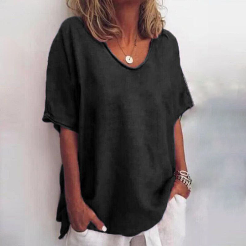 Monika Dunkelgrau Oversized U-Neck Bluse für Damen | Lockere Passform Sommerbluse | Alltag & Urlaub - S-3XL