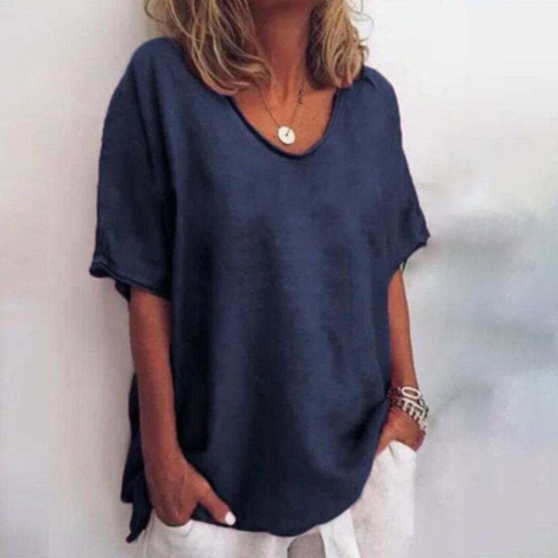 Monika Dunkelgrau Oversized U-Neck Bluse für Damen | Lockere Passform Sommerbluse | Alltag & Urlaub - S-3XL