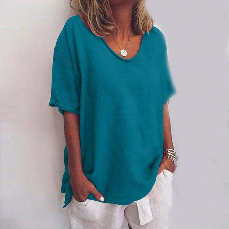 Monika Dunkelgrau Oversized U-Neck Bluse für Damen | Lockere Passform Sommerbluse | Alltag & Urlaub - S-3XL