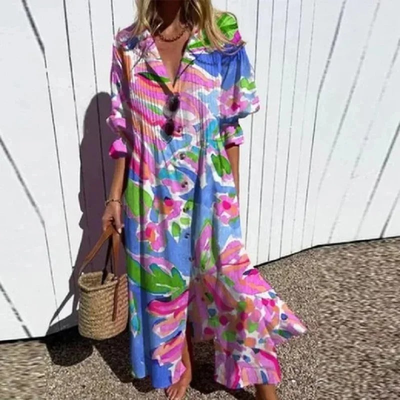 Monika Stil 1 Geblümtes Boho-Maxikleid für Damen | Leicht Fliessende Passform | Sommerurlaub & Gartenparty - S-3XL
