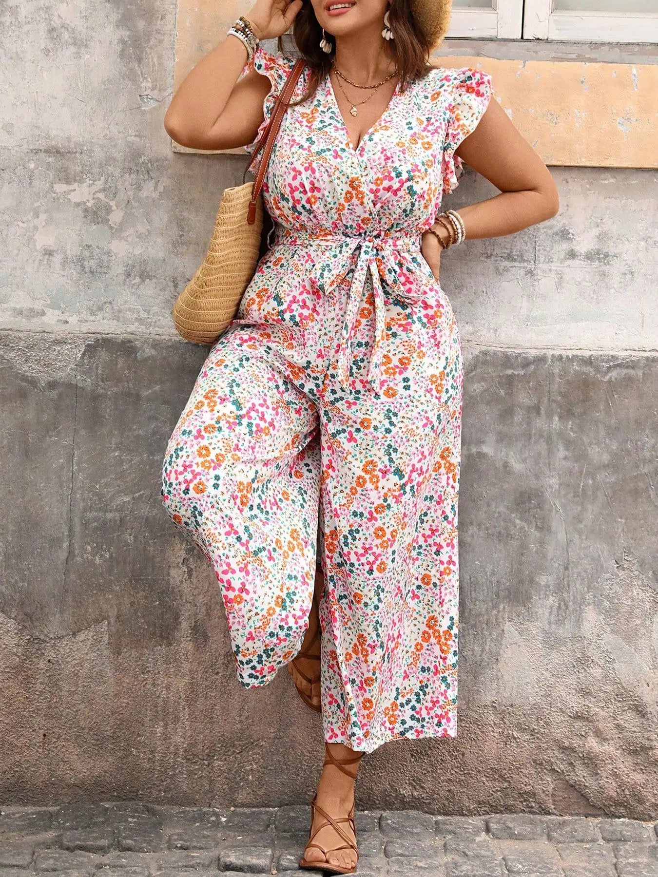 Heidi Blumenweiss Geblümter Jumpsuit für Damen | V-Ausschnitt Rüschenärmel Bindegürtel | Leichter Sommer Casual Fit - XL/2XL/3XL/4XL