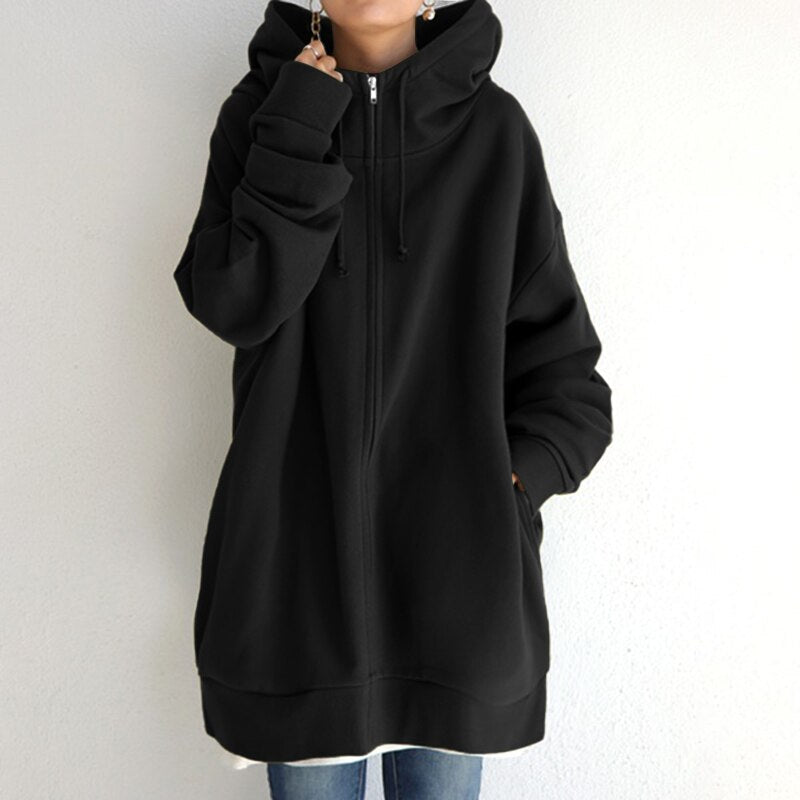 Agnes Grau Oversized Longline Zip-Hoodie-Jacke mit Kapuze für Damen | Winter Casual - S/M/L/XL/2XL/3XL/4XL/5XL