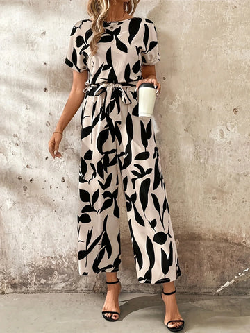 Brigitte Beige-Schwarz Bedruckter Jumpsuit für Damen | Weiter Beinschnitt | Elegant und Vielseitig - S/M/L/XL/2XL