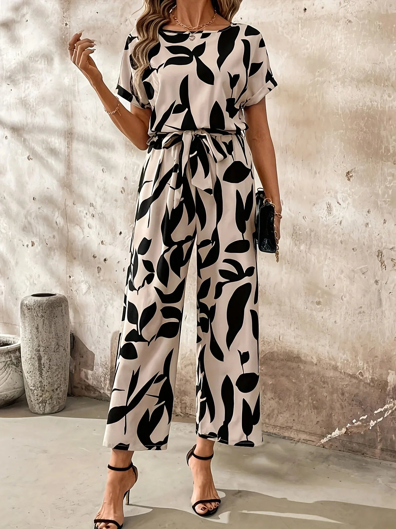 Brigitte Beige-Schwarz Bedruckter Jumpsuit für Damen | Weiter Beinschnitt | Elegant und Vielseitig - S/M/L/XL/2XL