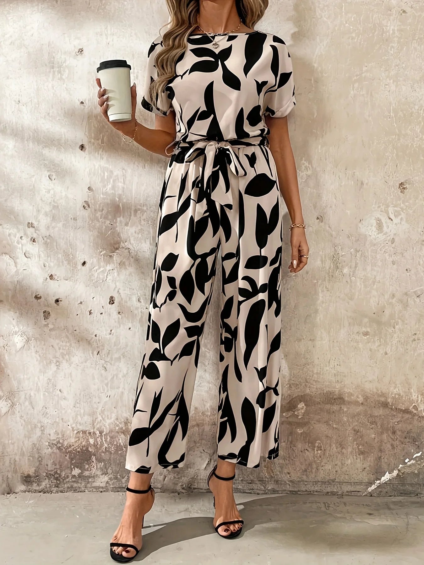 Brigitte Beige-Schwarz Bedruckter Jumpsuit für Damen | Weiter Beinschnitt | Elegant und Vielseitig - S/M/L/XL/2XL