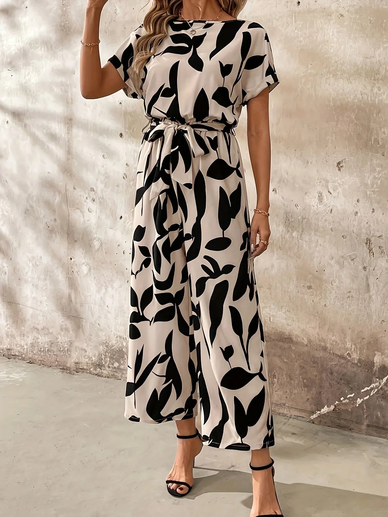 Brigitte Beige-Schwarz Bedruckter Jumpsuit für Damen | Weiter Beinschnitt | Elegant und Vielseitig - S/M/L/XL/2XL
