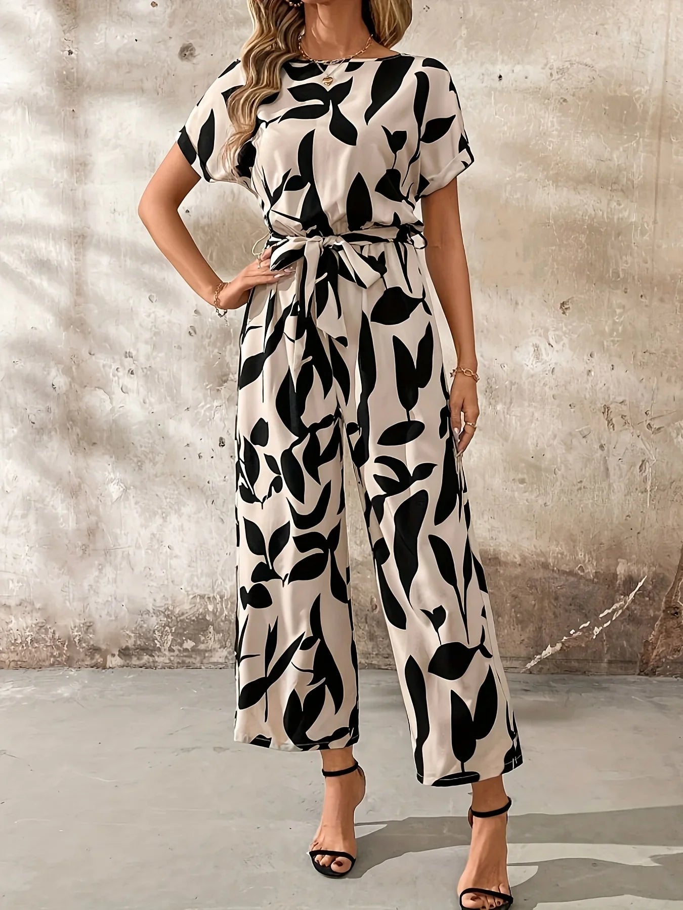 Brigitte Beige-Schwarz Bedruckter Jumpsuit für Damen | Weiter Beinschnitt | Elegant und Vielseitig - S/M/L/XL/2XL