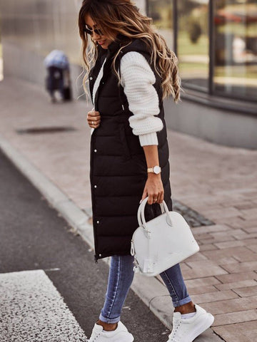 Monika Schwarz Lange Steppweste mit Kapuze für Damen | Winter Casual Ärmellos - S/M/L/XL/2XL/3XL