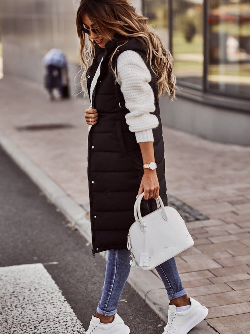 Monika Schwarz Lange Steppweste mit Kapuze für Damen | Winter Casual Ärmellos - S/M/L/XL/2XL/3XL
