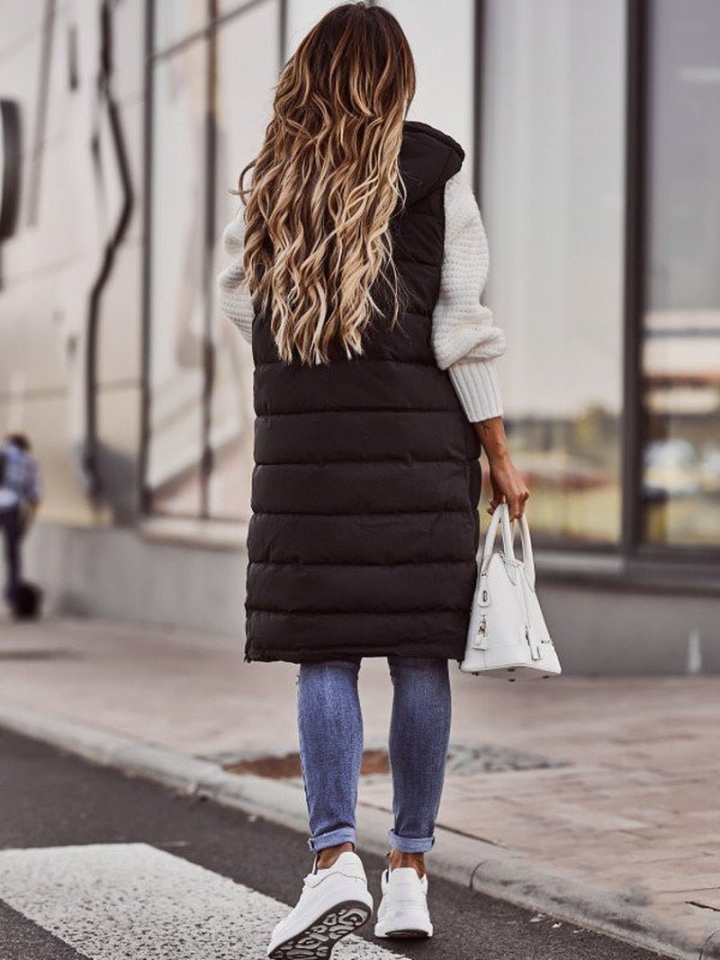 Monika Schwarz Lange Steppweste mit Kapuze für Damen | Winter Casual Ärmellos - S/M/L/XL/2XL/3XL