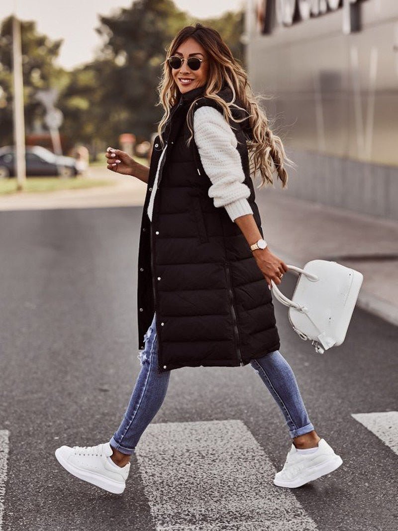 Monika Schwarz Lange Steppweste mit Kapuze für Damen | Winter Casual Ärmellos - S/M/L/XL/2XL/3XL