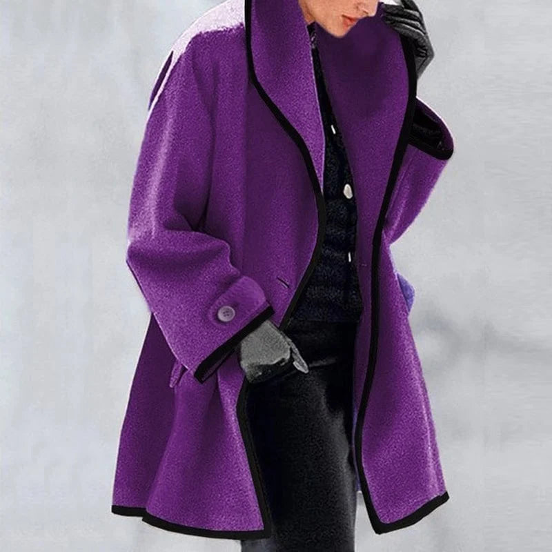 Emma Blau Eleganter Wollmix-Mantel für Damen | Kontrastbesatz Oversized Winter Stil - S/M/L/XL/2XL/3XL/4XL/5XL