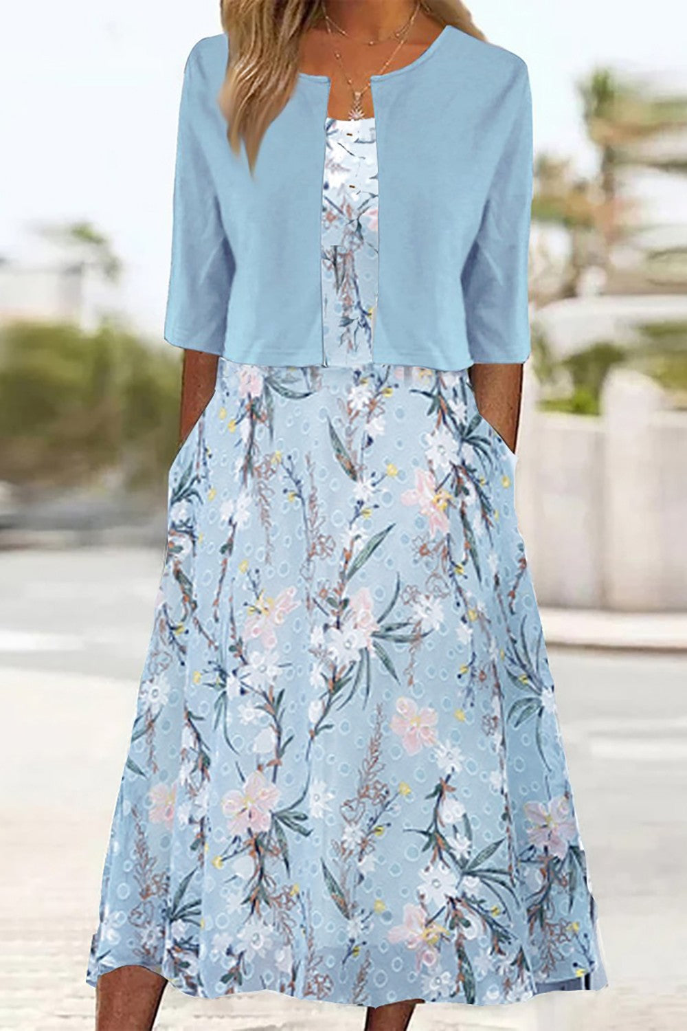 Monika Hellblau Blumen Zweiteiliges Midi-Kleid für Damen | Leichte Baumwollmischung | Frühling Sommer - S/M/L/XL/2XL