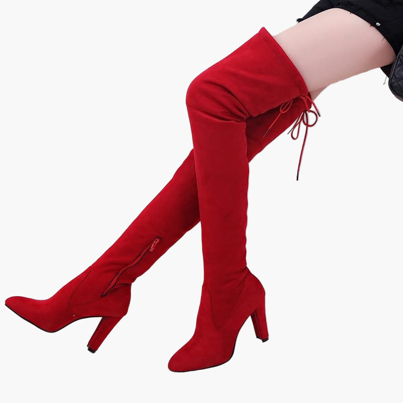Heidi Schwarz Stretch Overknee-Stiefel für Damen in Veloursleder-Optik | Hoher Blockabsatz Schnürung - EU 35-43