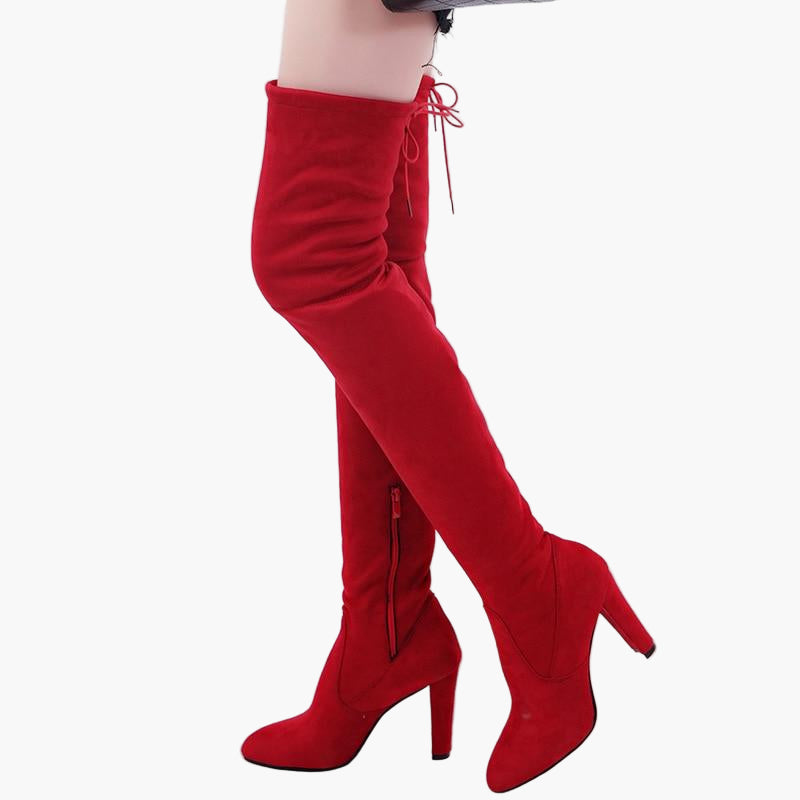 Heidi Schwarz Stretch Overknee-Stiefel für Damen in Veloursleder-Optik | Hoher Blockabsatz Schnürung - EU 35-43