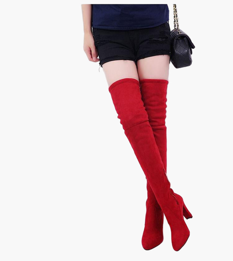 Heidi Schwarz Stretch Overknee-Stiefel für Damen in Veloursleder-Optik | Hoher Blockabsatz Schnürung - EU 35-43