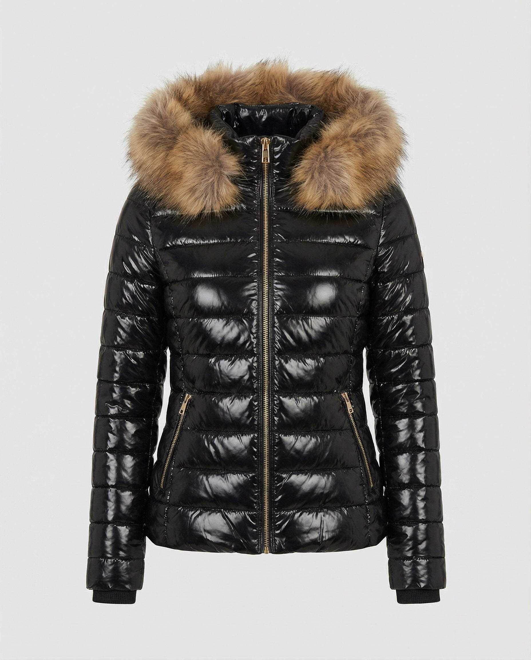 Frieda Schwarz Glänzende Taillierte Steppjacke mit Kunstfell-Kapuze für Damen | Winter Casual - S/M/L/XL/2XL/3XL
