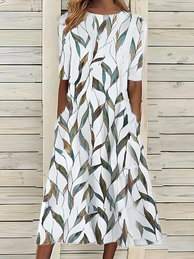 Annemarie Blau Botanisches Blatt-Print Midi Kleid für Damen | Leichte A-Linie mit Taschen | Sommer - S/M/L/XL/2XL/3XL/4XL/5XL