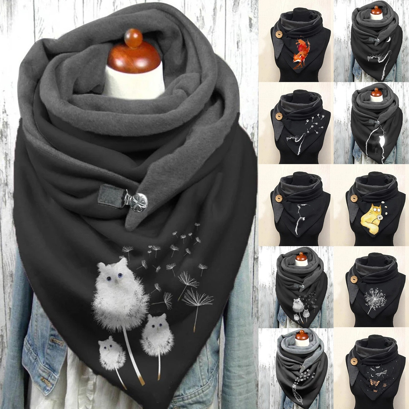 Margrit Schwarz Bedruckter Wickelschal mit Knopf für Damen | Warm Casual Winter Accessoire