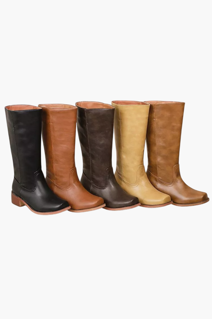 Vreni Braun Kniehohe Leder-Optik Stiefel für Damen | Retro Blockabsatz Casual Stil - EU 36-48