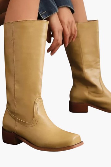 Vreni Braun Kniehohe Leder-Optik Stiefel für Damen | Retro Blockabsatz Casual Stil - EU 36-48