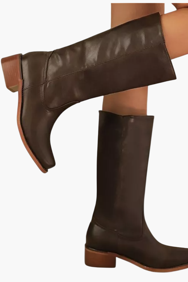 Vreni Braun Kniehohe Leder-Optik Stiefel für Damen | Retro Blockabsatz Casual Stil - EU 36-48