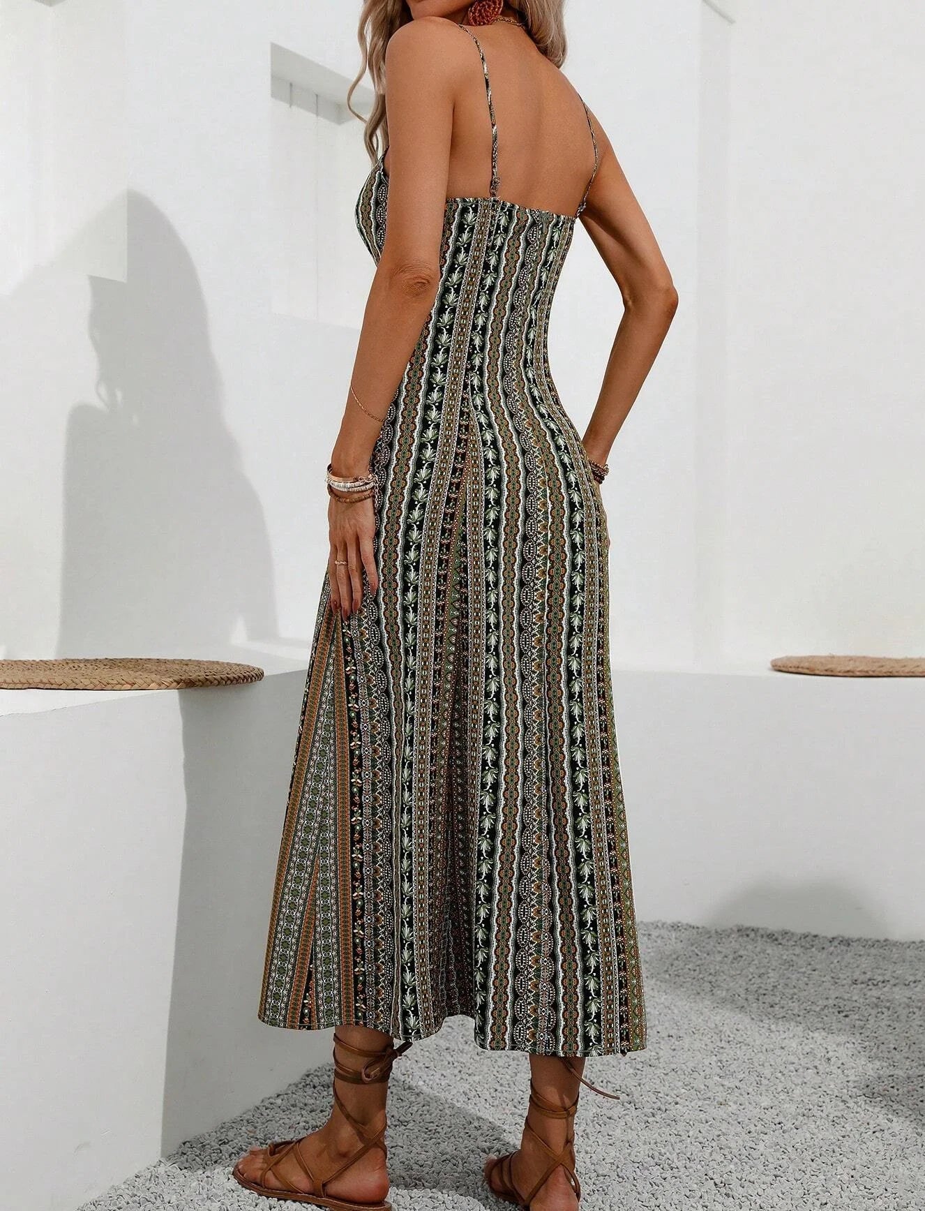 Beatrice Salbeigrün Ethno-Muster Spaghettiträger Maxikleid für Damen | Luftig Fliessend Boho Stil - S/M/L/XL