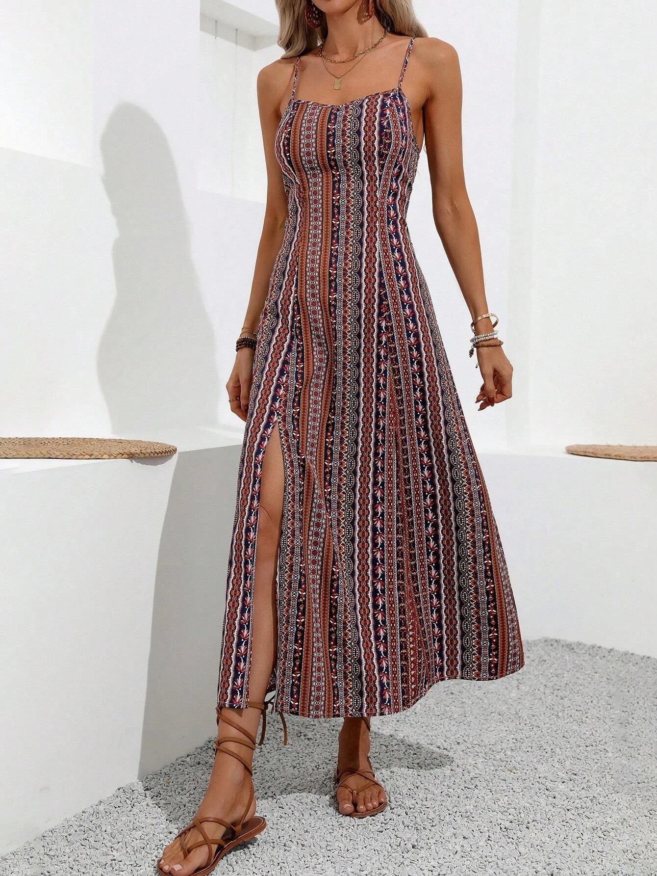 Beatrice Salbeigrün Ethno-Muster Spaghettiträger Maxikleid für Damen | Luftig Fliessend Boho Stil - S/M/L/XL