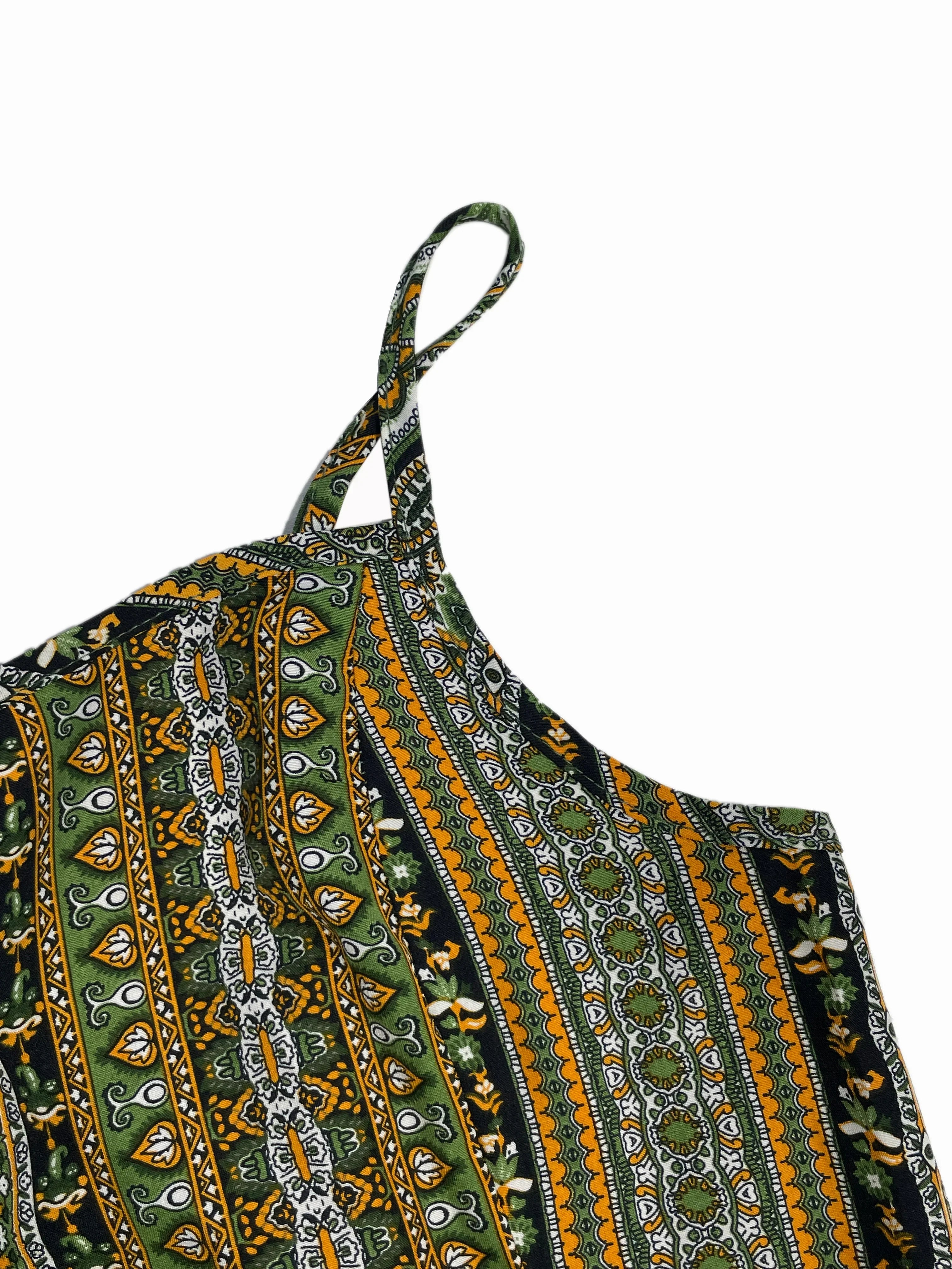 Beatrice Salbeigrün Ethno-Muster Spaghettiträger Maxikleid für Damen | Luftig Fliessend Boho Stil - S/M/L/XL