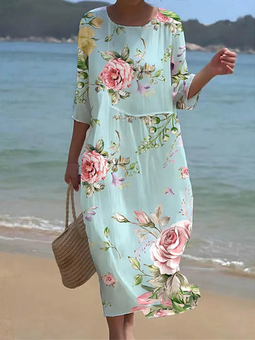 Rosemarie Blau Geblümtes Rundhals-Maxikleid für Damen | Leichtes Sommerkleid - S/M/L/XL/2XL/3XL