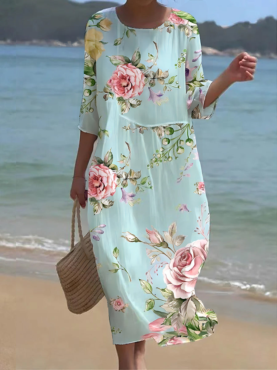 Rosemarie Blau Geblümtes Rundhals-Maxikleid für Damen | Leichtes Sommerkleid - S/M/L/XL/2XL/3XL