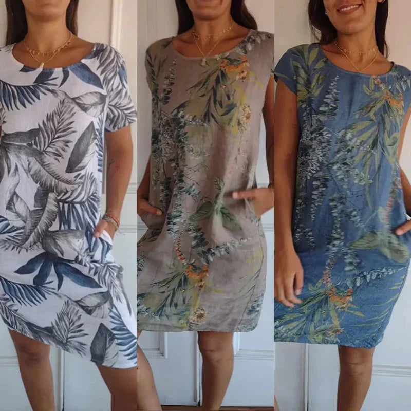 Monika Weiß Botanischer Print Rundhals Sommerkleid für Damen | Leichter Komfort mit Taschen | Alltag & Urlaub - S-4XL