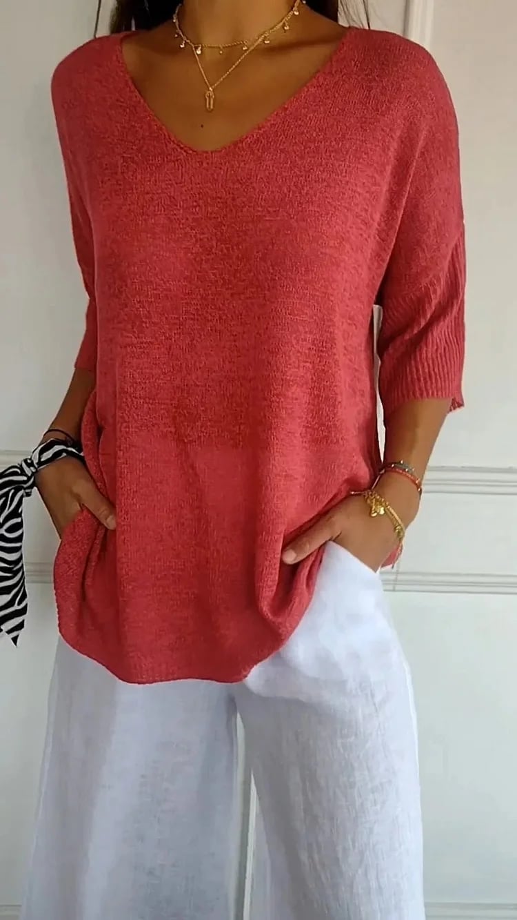 Monika Grau Oversized V-Ausschnitt Stricktop für Damen | Leicht und Feminin | Alltag und Freizeit - S-5XL