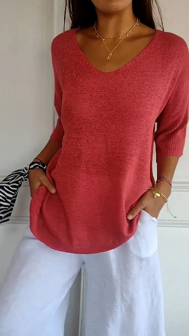 Monika Grau Oversized V-Ausschnitt Stricktop für Damen | Leicht und Feminin | Alltag und Freizeit - S-5XL