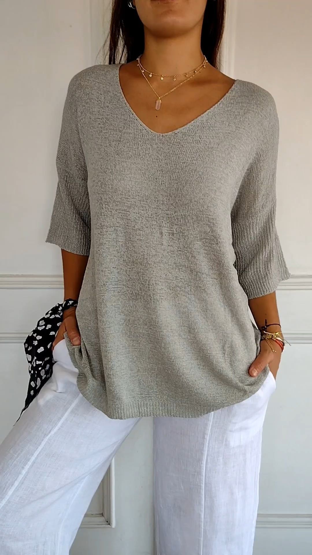 Monika Grau Oversized V-Ausschnitt Stricktop für Damen | Leicht und Feminin | Alltag und Freizeit - S-5XL