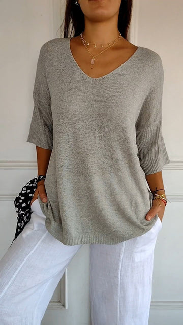 Monika Grau Oversized V-Ausschnitt Stricktop für Damen | Leicht und Feminin | Alltag und Freizeit - S-5XL