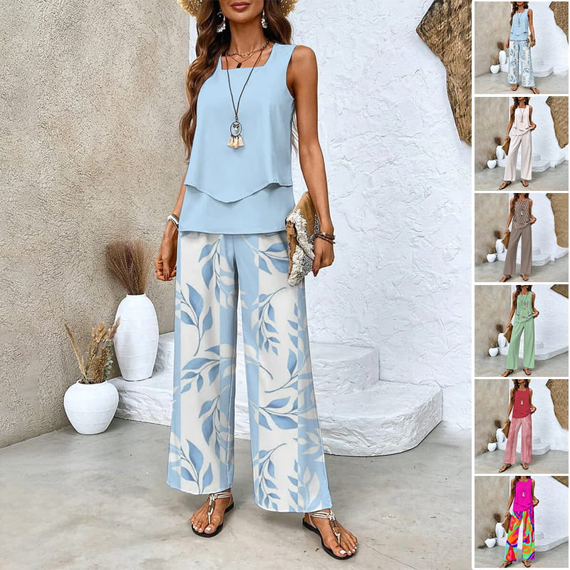 Monika Grünes Blatt Ärmellos Blattdruck Zweiteiler Damen-Set | Leichter Fliessender Look | Sommer Casual - S-3XL