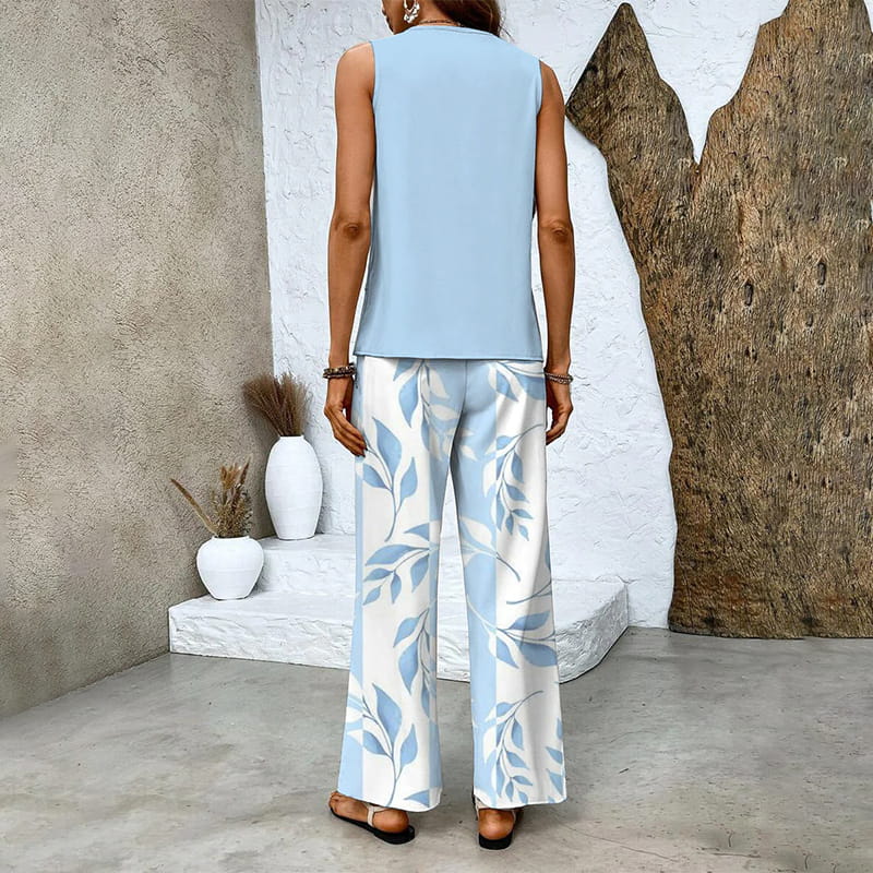 Monika Grünes Blatt Ärmellos Blattdruck Zweiteiler Damen-Set | Leichter Fliessender Look | Sommer Casual - S-3XL