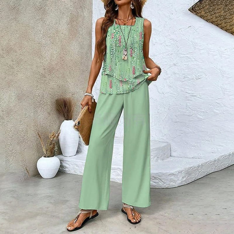 Monika Grünes Blatt Ärmellos Blattdruck Zweiteiler Damen-Set | Leichter Fliessender Look | Sommer Casual - S-3XL
