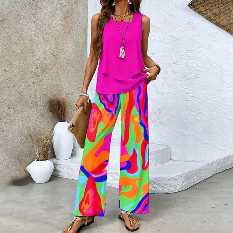 Monika Grünes Blatt Ärmellos Blattdruck Zweiteiler Damen-Set | Leichter Fliessender Look | Sommer Casual - S-3XL
