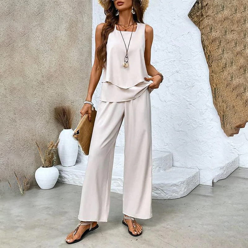 Monika Grünes Blatt Ärmellos Blattdruck Zweiteiler Damen-Set | Leichter Fliessender Look | Sommer Casual - S-3XL