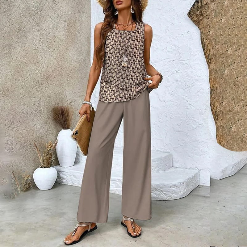 Monika Grünes Blatt Ärmellos Blattdruck Zweiteiler Damen-Set | Leichter Fliessender Look | Sommer Casual - S-3XL