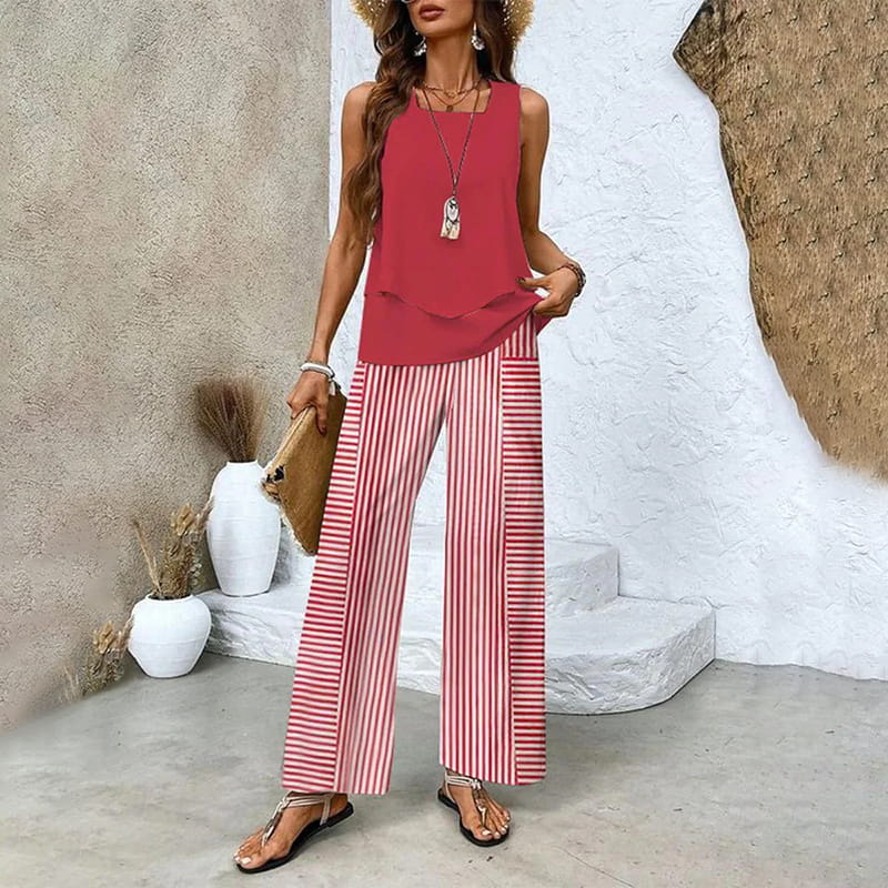 Monika Grünes Blatt Ärmellos Blattdruck Zweiteiler Damen-Set | Leichter Fliessender Look | Sommer Casual - S-3XL