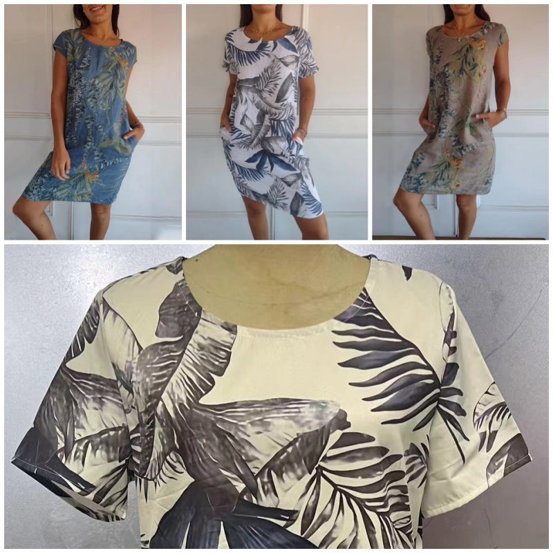 Monika Weiß Botanischer Print Rundhals Sommerkleid für Damen | Leichter Komfort mit Taschen | Alltag & Urlaub - S-4XL