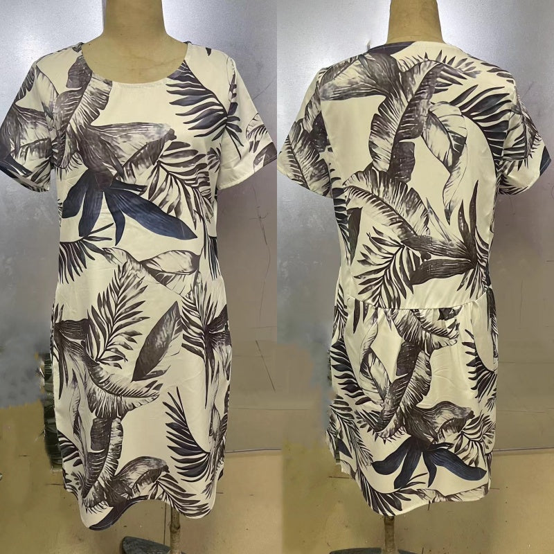 Monika Weiß Botanischer Print Rundhals Sommerkleid für Damen | Leichter Komfort mit Taschen | Alltag & Urlaub - S-4XL
