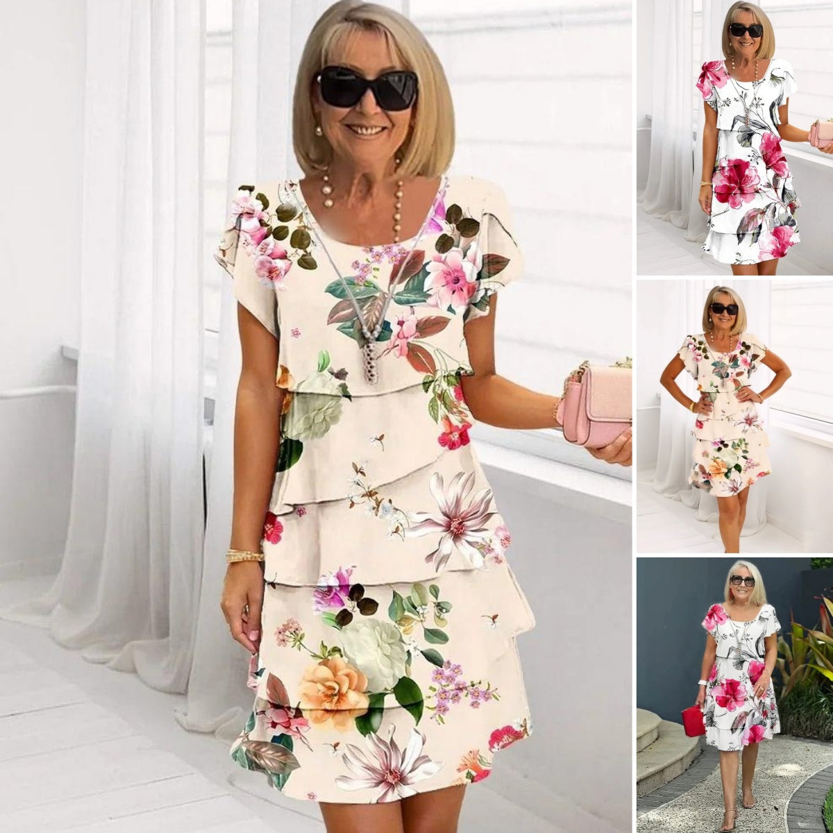 Vreni Beige Floral Layered Ruffle Dress for Women | Leichtes Sommerkleid | Eleganter Lagenlook - S/M/L/XL/2XL/3XL
