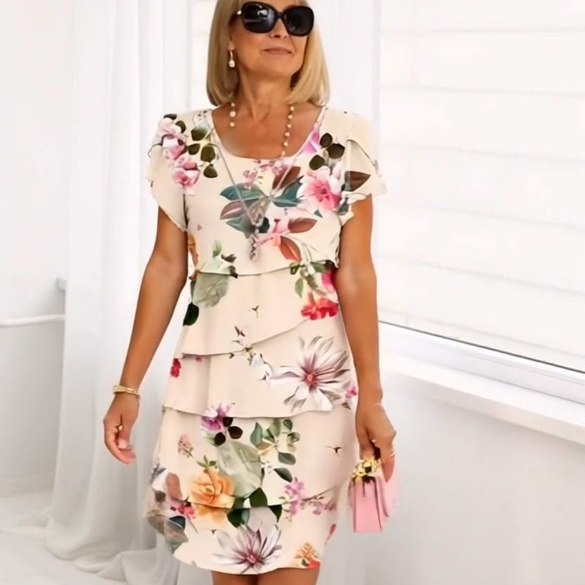 Vreni Beige Floral Layered Ruffle Dress for Women | Leichtes Sommerkleid | Eleganter Lagenlook - S/M/L/XL/2XL/3XL